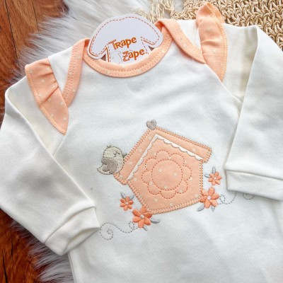 Conj. de Malha 3 peças - Casinha de Passarinho - Salmão e Off White